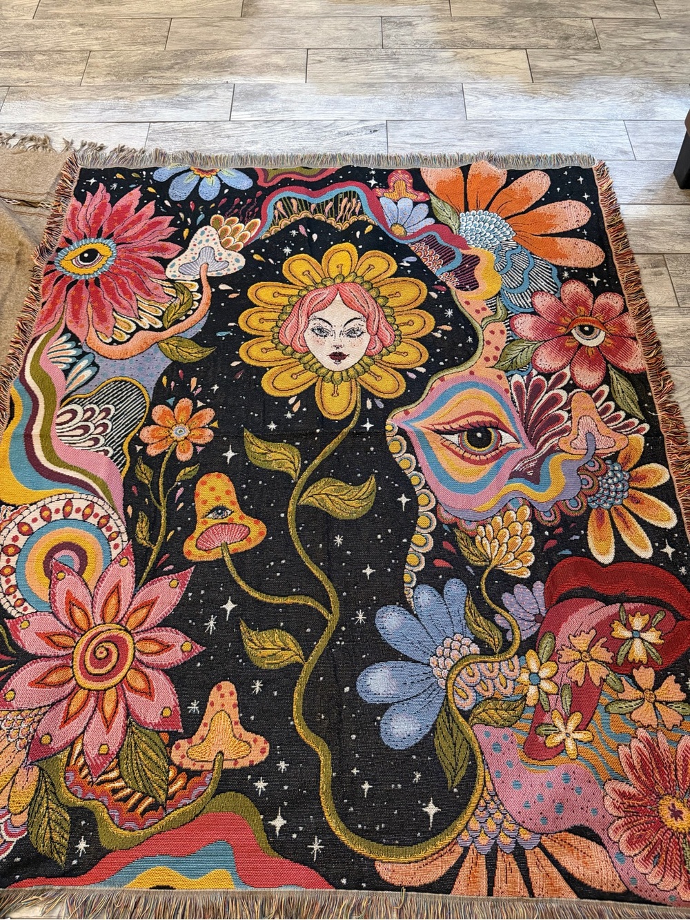 Psychedelic Sun Face Mushroom Tapestry Large Trippy Vibrant Color tapastry